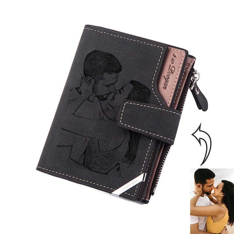 Custom Personalized Photo Wallets Men Short Wallet Design Retro High Capacity Purse Gift for Men Husband with Zipper Coin Pocket - regalmen - null