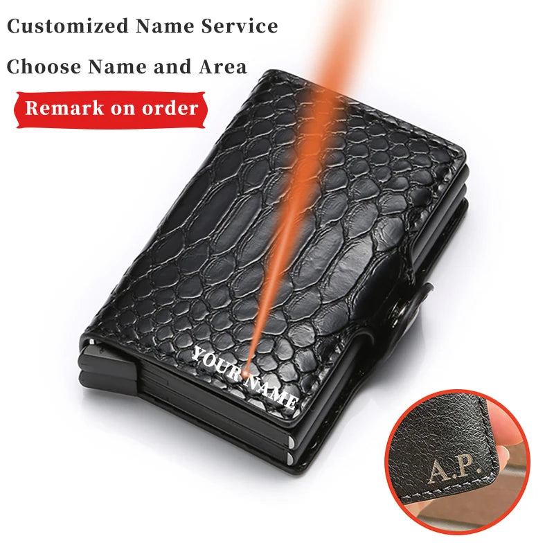 Name Engraved Wallet Card Holder Double Wallet Men's and Women's Money Bag Buckle Black PU Leather Wallet Smart Tri-fold Wallet