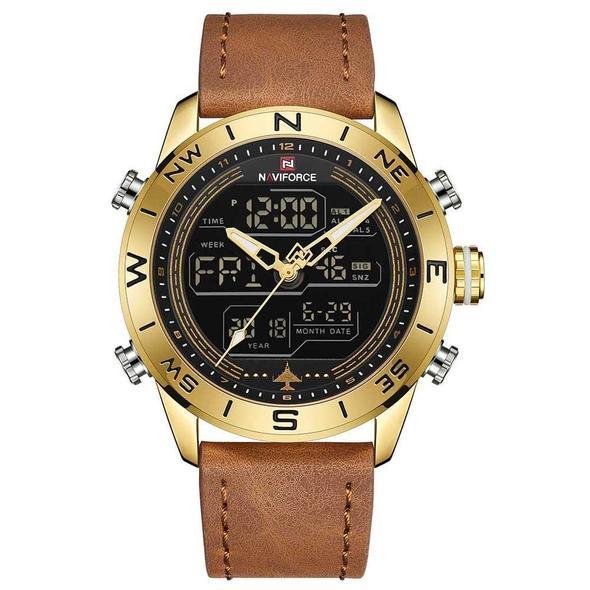 NAVIFORCE 9144 Fashion Gold Men Sport Watches Mens LED Analog Digital Watch Army Military Leather Quartz Watch Relogio Masculino - regalmen - null