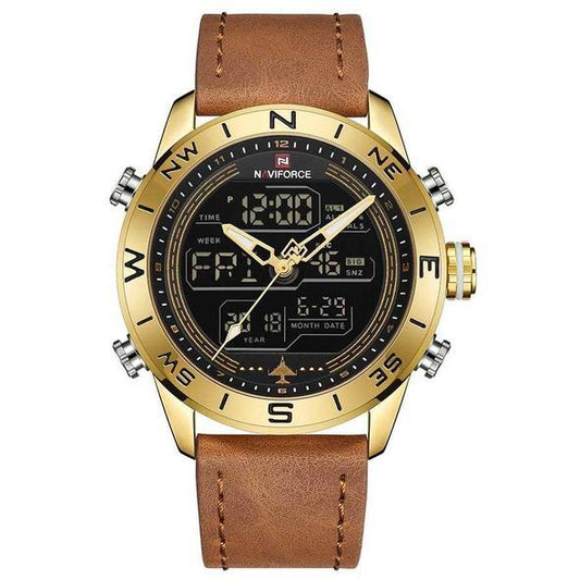 NAVIFORCE 9144 Fashion Gold Men Sport Watches Mens LED Analog Digital Watch Army Military Leather Quartz Watch Relogio Masculino - regalmen - null