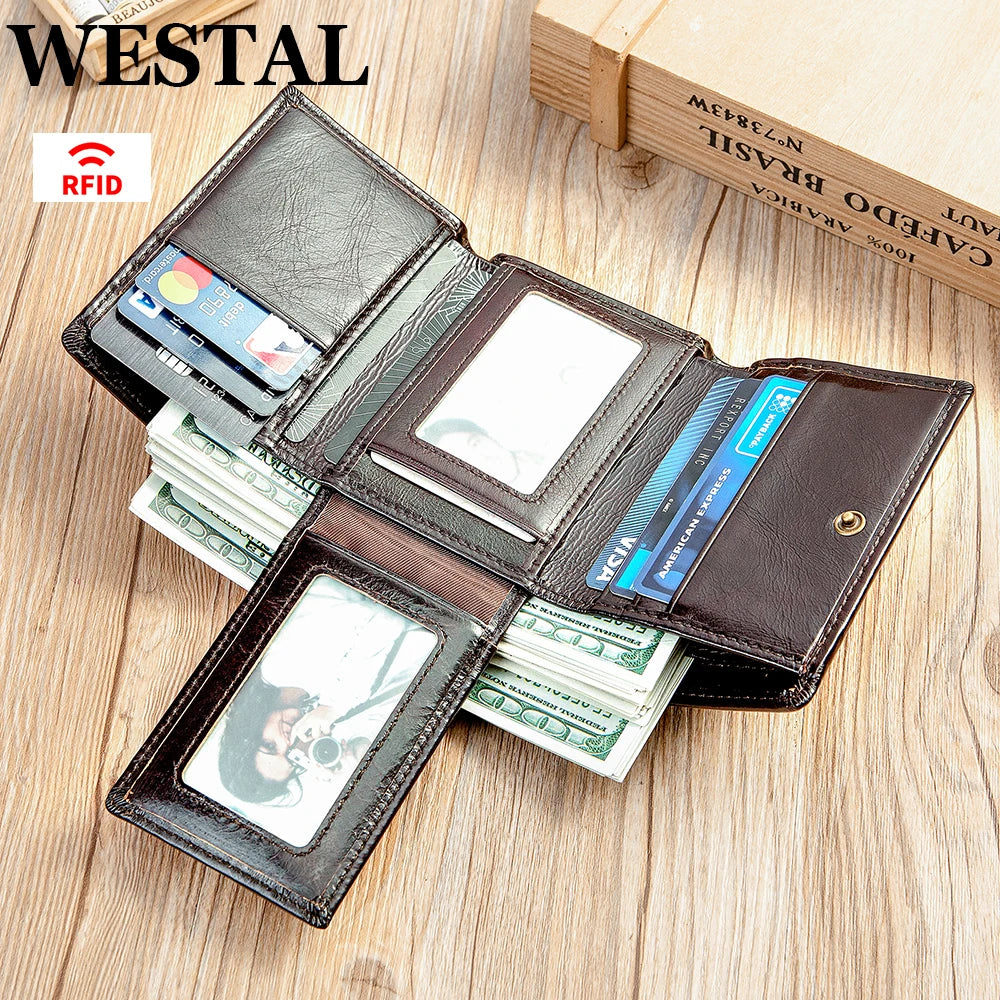 WESTAL RFID Wallet for Men Genuine Leather Coin Purse Men Thirdfold Wallets Clucth with Mulitfile Card Slots Money Bags 1134 - regalmen - null